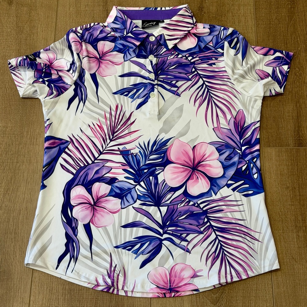 Sunday Swagger Kokomo Women M Polo Shirt Golf Performance‎ Purple Pink Hawaii - Picture 2 of 9